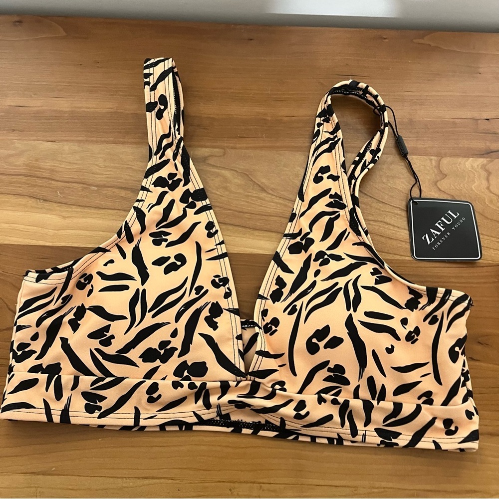 Zaful Animal Print Plunge Bikini Top Tan Black Size 8 NEW